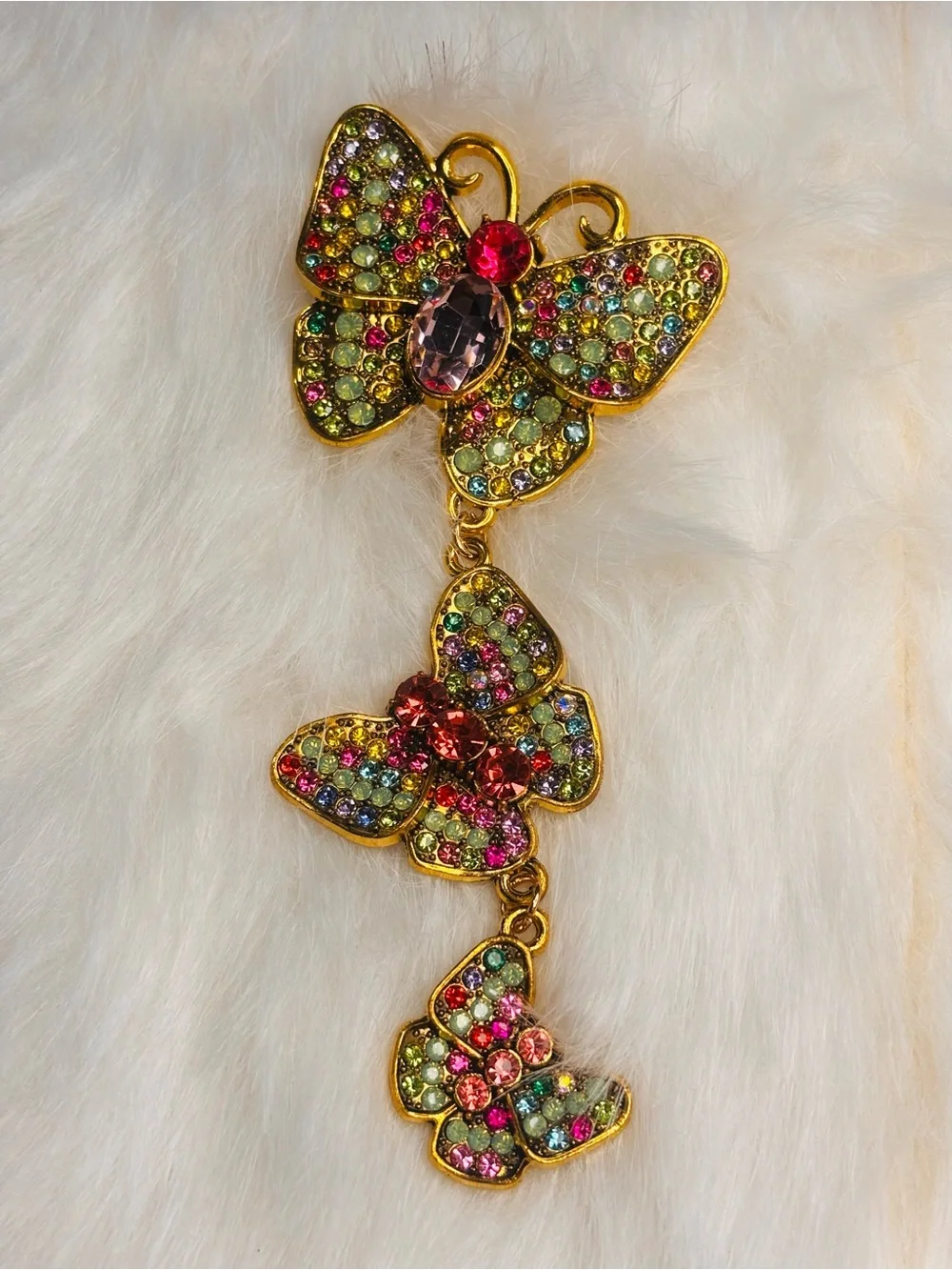 Multicolor Rhinestone Butterfly Dangle Brooch – Triple Butterfly Statement Pin
